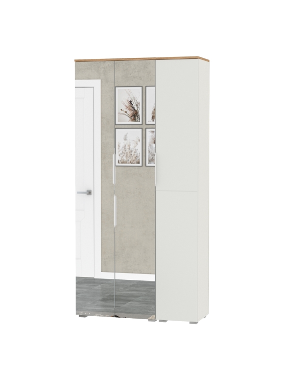 Октава 13.338 Шкаф для одежды + 13.228 Пенал, цвет белый шагрень/дуб крафт золотой/фасады МДФ белый шагрень/зеркало, ШхГхВ 96,4х35,3х197,6 см, ун. сб.