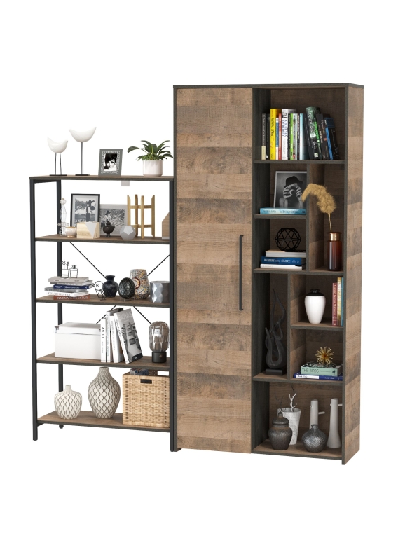 КР100 Трувор 13.151.01 Стеллаж + 13.206 Шкаф-стеллаж, цвет дуб гранж песочный/интра, ШхГхВ 175,8х37х194,2 см., универсальная сборка