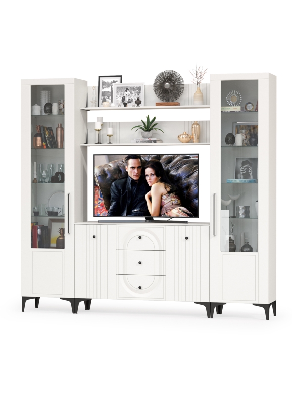 Валенсия Гостиная № 101, цвет ЛДСП белый шагрень/МДФ белый шагрень, ШхГхВ 243,2х38,4х225,2 см., ниша для ТВ 133х38х90 см.