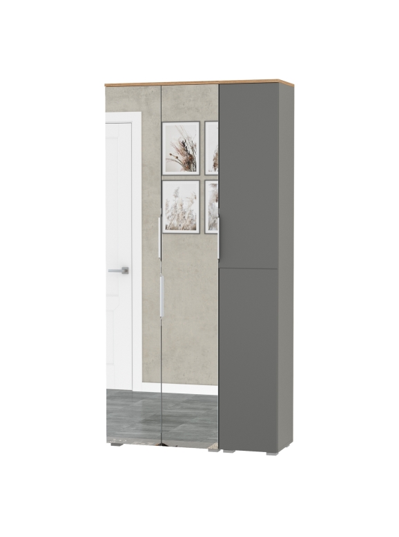 Октава 13.338 Шкаф для одежды + 13.228 Пенал, цвет серый графит/дуб крафт золотой/фасады МДФ серый графит и зеркало, ШхГхВ 96,4х35,3х197,6 см, ун. сб.