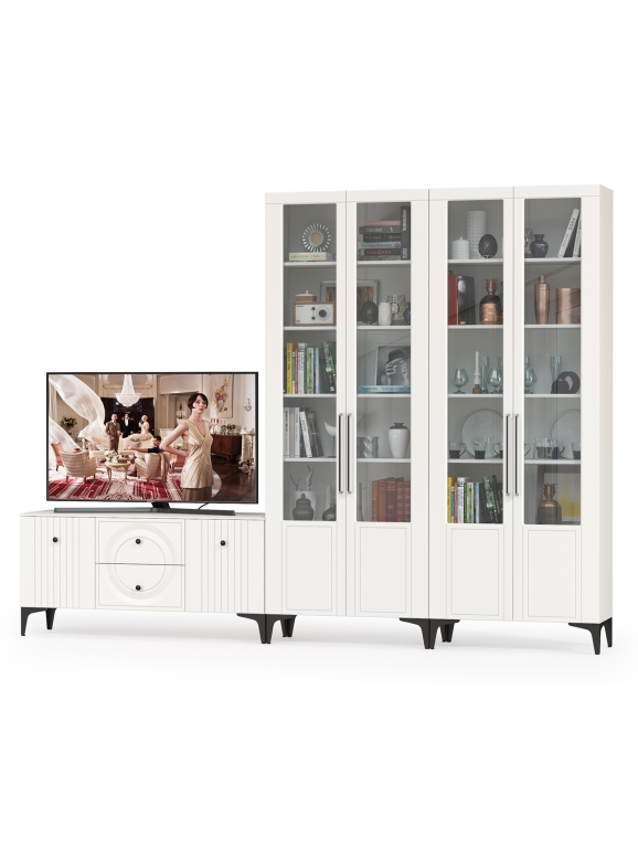 Валенсия Гостиная № 073, цвет ЛДСП белый шагрень/МДФ белый шагрень, ШхГхВ 301,3х38,3х225,2 см., универсальная сборка