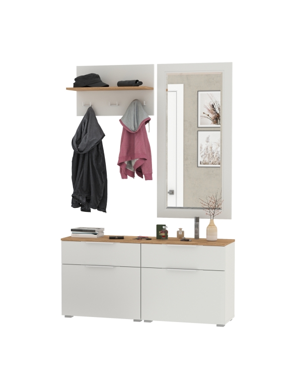 Октава Прихожая 39, цвет белый шагрень/дуб крафт золотой/фасады МДФ белый шагрень, ШхГхВ 129,8х35,4х197 см., универсальная сборка