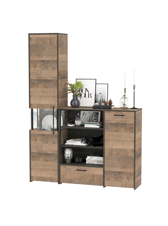 Трувор 13.205 Шкаф-пенал с витриной + 13.307.01 Комод, цвет дуб гранж песочный/интра, ШхГхВ 153,8х37х210 см., универсальная сборка