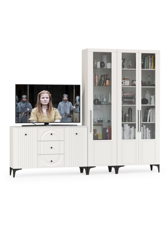 Валенсия Гостиная № 114, цвет ЛДСП белый шагрень/МДФ белый шагрень, ШхГхВ 272,3х38,4х225,2 см., универсальная сборка