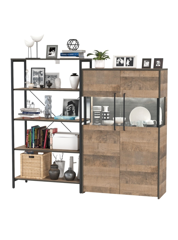 КР100 Трувор 13.151.01 Стеллаж + 13.306 Комод с витриной, цвет дуб гранж песочный/интра, ШхГхВ 168,6х37х146 см., универсальная сборка