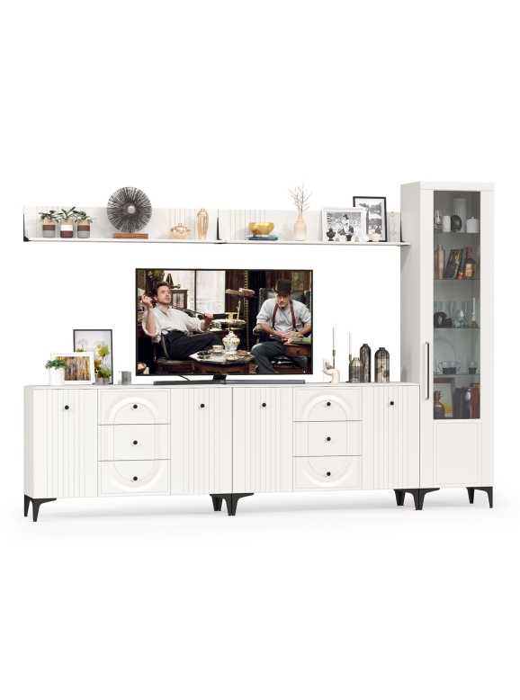 Валенсия Гостиная № 118, цвет ЛДСП белый шагрень/МДФ белый шагрень, ШхГхВ 321,3х38,4х225,2 см., универсальная сборка