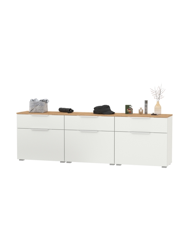 Октава 16.127 Тумба для обуви + 16.127 Тумба + 16.127 Тумба, цвет белый шагрень/дуб крафт золотой/фасады МДФ белый шагрень, ШхГхВ 194,7х35,4х62,2 см.