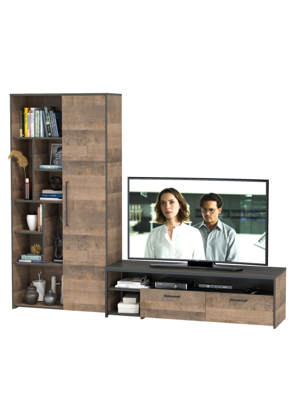 Трувор 13.70 Тумба под ТВ + 13.206 Шкаф-стеллаж, цвет дуб гранж песочный/интра, ШхГхВ 242,8х45,4х194,2 см., универсальная сборка