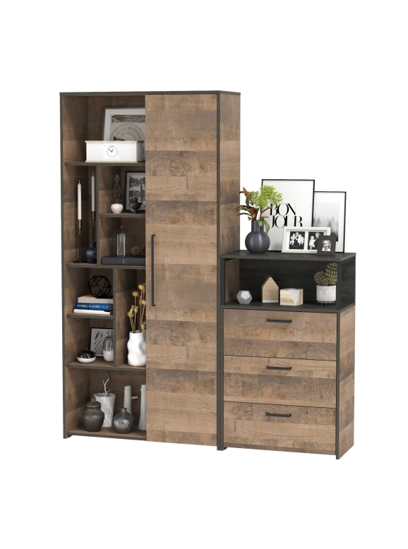 Трувор 13.206 Шкаф-стеллаж + 13.307.02 Комод с ящиками, цвет дуб гранж песочный/интра, ШхГхВ 159х37х194,2 см., универсальная сборка