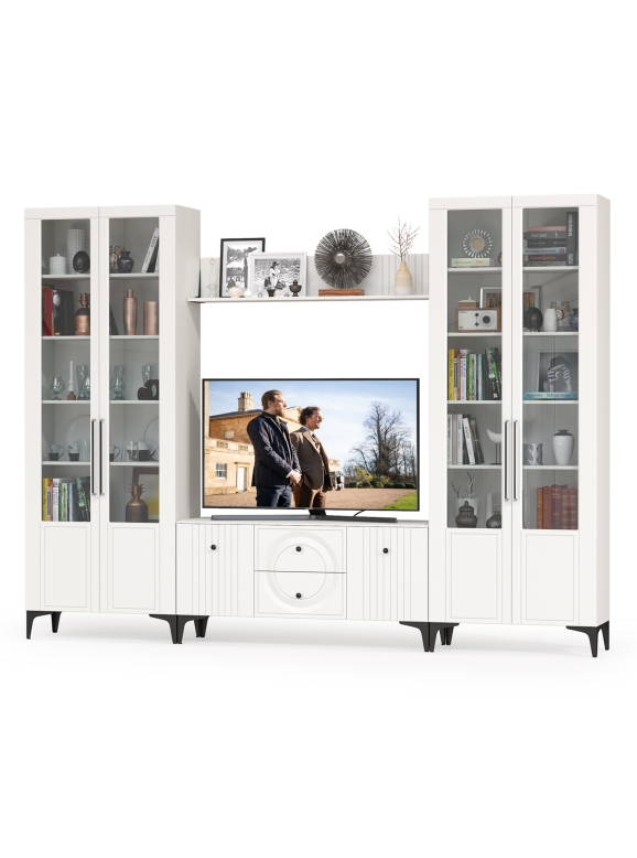 Валенсия Гостиная № 074, цвет ЛДСП белый шагрень/МДФ белый шагрень, ШхГхВ 301,3х38,3х225,2 см., универсальная сборка