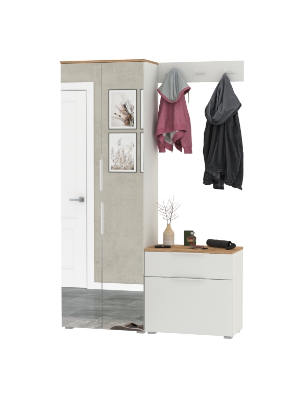 Октава Прихожая 11, цвет белый шагрень/дуб крафт золотой/фасады МДФ белый шагрень, ШхГхВ 129,3х35,4х197,6 см., универсальная сборка