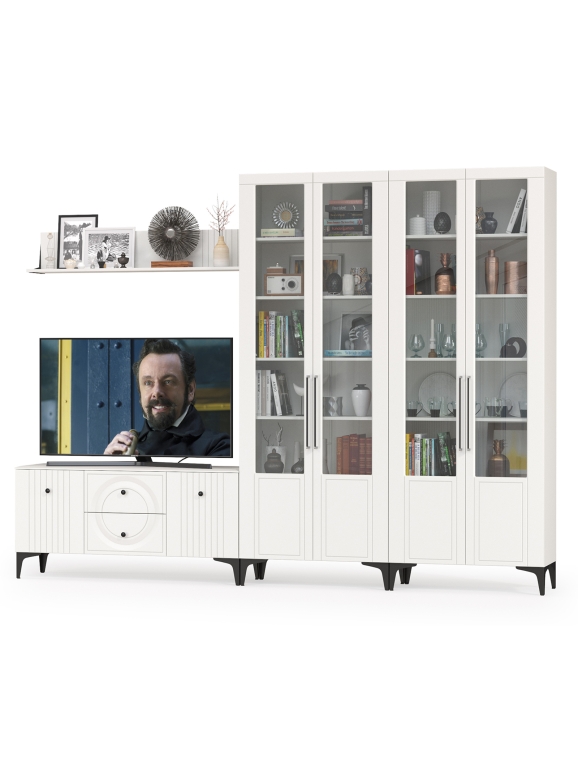 Валенсия Гостиная № 064, цвет ЛДСП белый шагрень/МДФ белый шагрень, ШхГхВ 301,3х38,3х225,2 см., ниша для ТВ 133х38х117 см.