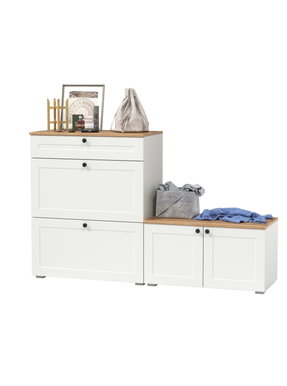 Остин 16.121 Тумба для обуви + 13.257 Тумба, цвет белый шагрень/дуб крафт золотой, ШхГхВ 160х41,9х99,3 см., универсальная сборка