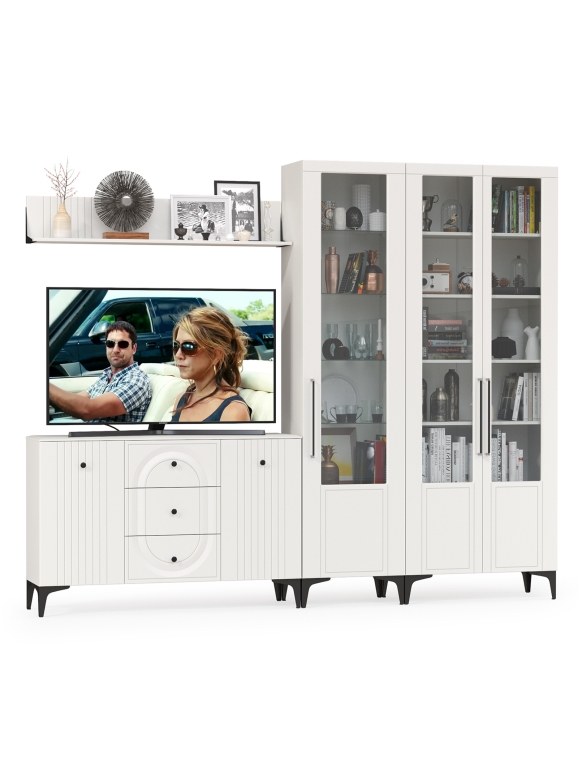 Валенсия Гостиная № 115, цвет ЛДСП белый шагрень/МДФ белый шагрень, ШхГхВ 272,3х38,4х225,2 см., универсальная сборка