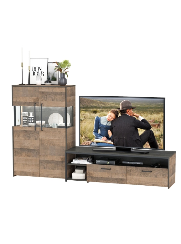 Трувор 13.70 Тумба под ТВ + 13.306 Комод с витриной, цвет дуб гранж песочный/интра, ШхГхВ 235,6х45,4х135,3 см., универсальная сборка