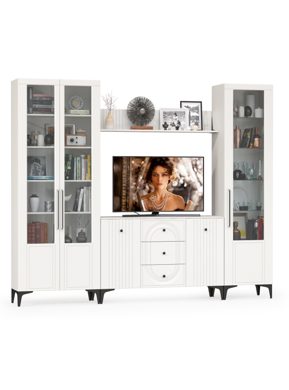 Валенсия Гостиная № 098, цвет ЛДСП белый шагрень/МДФ белый шагрень, ШхГхВ 272,3х38,4х225,2 см., ниша для ТВ 133х38х100 см., универсальная сборка