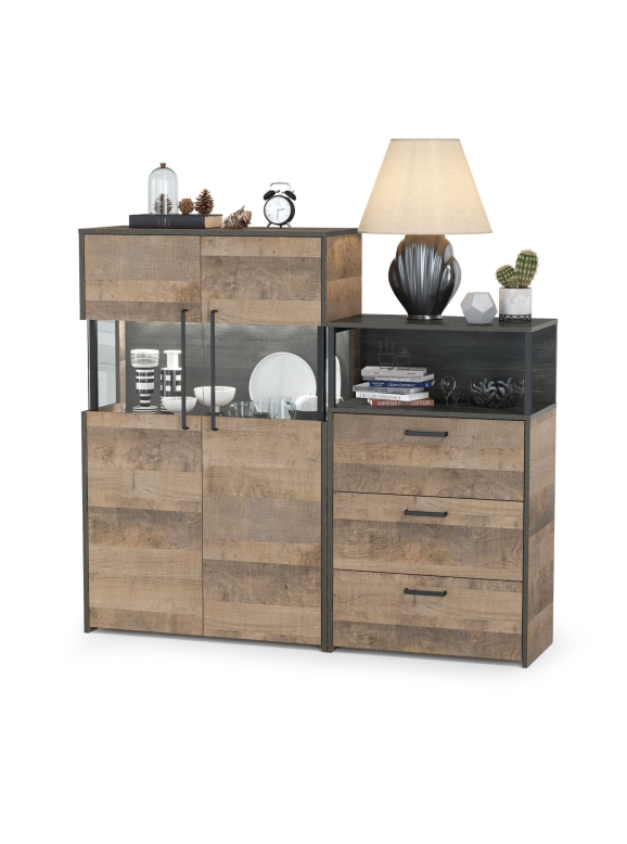 Трувор 13.306 Комод с витриной + 13.307.02 Комод с ящиками, цвет дуб гранж песочный/интра, ШхГхВ 151,8х37х135,3 см., универсальная сборка