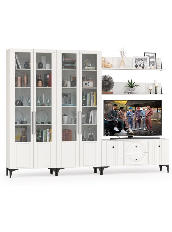 Валенсия Гостиная № 075, цвет ЛДСП белый шагрень/МДФ белый шагрень, ШхГхВ 301,3х38,3х225,2 см., универсальная сборка