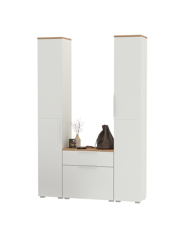 Октава Прихожая 17, цвет белый шагрень/дуб крафт золотой/фасады МДФ белый шагрень, ШхГхВ 129,3х35,4х197,6 см., универсальная сборка