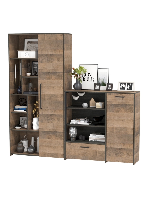 Трувор 13.206 Шкаф-стеллаж + 13.307.01 Комод, цвет дуб гранж песочный/интра, ШхГхВ 202х37х194,2 см., универсальная сборка