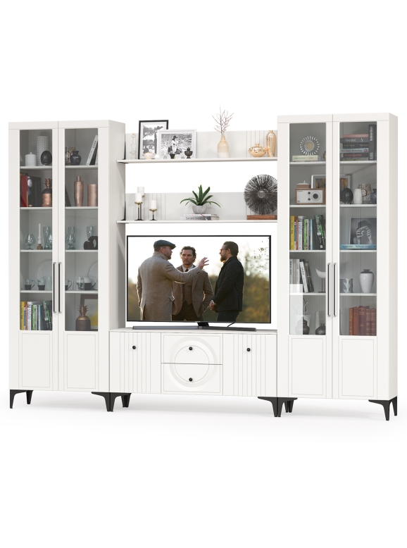 Валенсия Гостиная № 065, цвет ЛДСП белый шагрень/МДФ белый шагрень, ШхГхВ 301,3х38,3х225,2 см., ниша для ТВ 133х38х117 см.