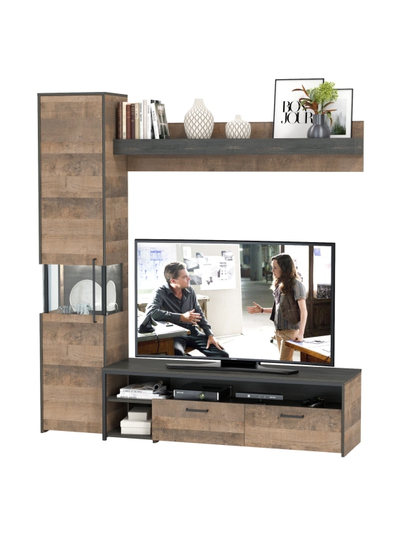 КР100 Трувор 13.70Тумба под ТВ +13.205 Шкаф-пенал с витриной +15.60 Полка,цвет дуб гранж песочный/интра,ШхГхВ 194,6х45,4х210 см.,универс сб