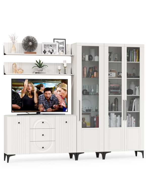 Валенсия Гостиная № 116, цвет ЛДСП белый шагрень/МДФ белый шагрень, ШхГхВ 272,3х38,4х225,2 см., универсальная сборка