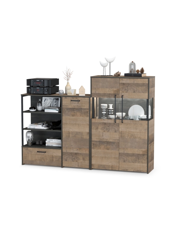 Трувор 13.307.01 Комод + 13.306 Комод с витриной, цвет дуб гранж песочный/интра, ШхГхВ 194,8х37х135,3 см., универсальная сборка