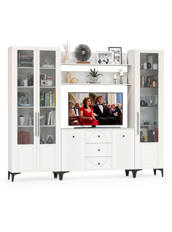 Валенсия Гостиная № 099, цвет ЛДСП белый шагрень/МДФ белый шагрень, ШхГхВ 272,3х38,4х225,2 см., ниша для ТВ 133х38х90 см., универсальная сборка