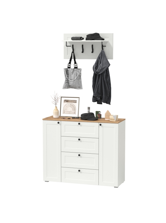 Остин 16.221 Комод + 15.12 Вешалка, цвет белый шагрень/дуб крафт золотой, ШхГхВ 120х41,9х210 см.