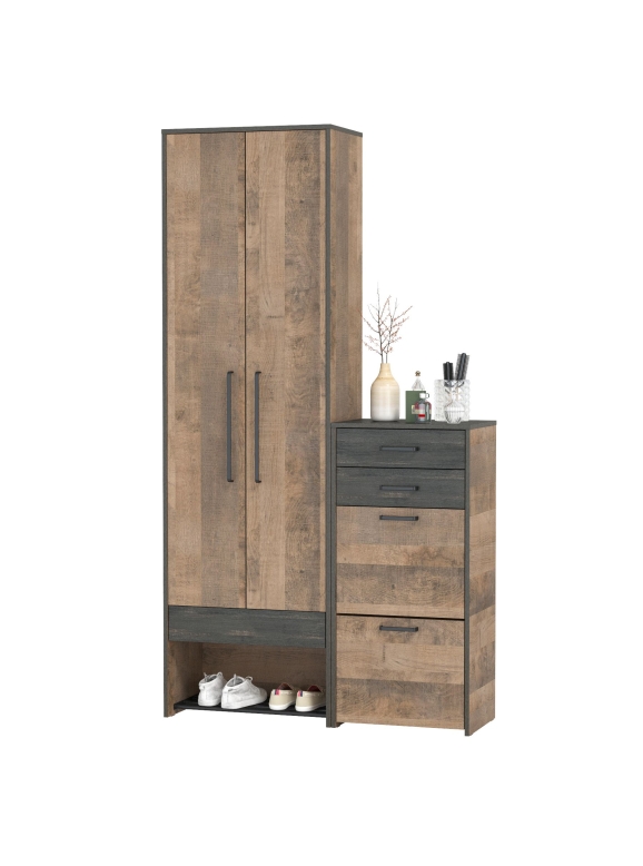 Трувор 13.328.02 Шкаф для одежды + 13.241.06 Тумба для обуви, цвет дуб гранж песочный/интра, ШхГхВ 113,2х37х210 см., универсальная сборка