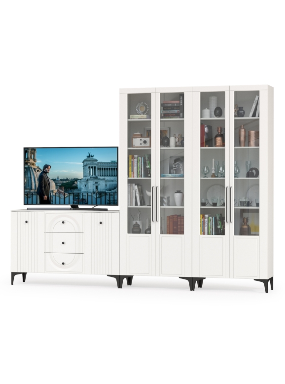 Валенсия Гостиная № 111, цвет ЛДСП белый шагрень/МДФ белый шагрень, ШхГхВ 301,4х38,4х225,2 см., универсальная сборка