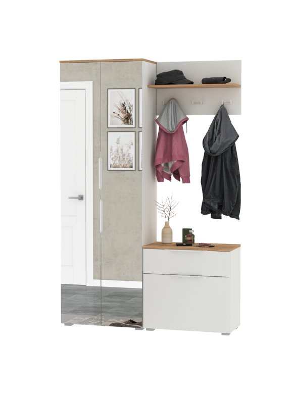 Октава Прихожая 10, цвет белый шагрень/дуб крафт золотой/фасады МДФ белый шагрень, ШхГхВ 129,3х35,4х197,6 см., универсальная сборка