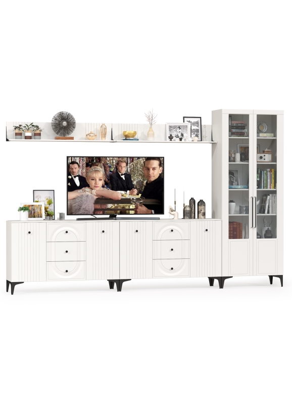 Валенсия Гостиная № 121, цвет ЛДСП белый шагрень/МДФ белый шагрень, ШхГхВ 350,4х38,4х225,2 см., универсальная сборка