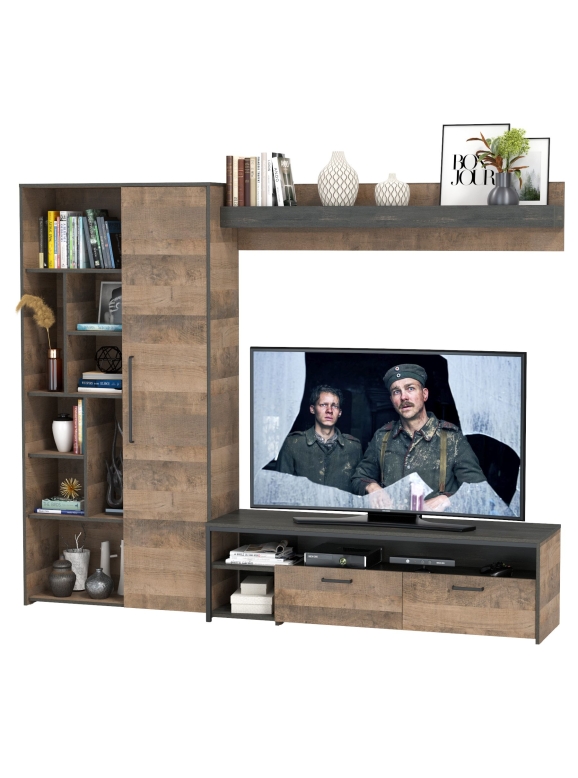 КР100 Трувор 13.70 Тумба под ТВ + 13.206 Шкаф-стеллаж + 15.60 Полка, цвет дуб гранж песочный/интра, ШхГхВ 242,8х45,4х194,2 см., универс сб.
