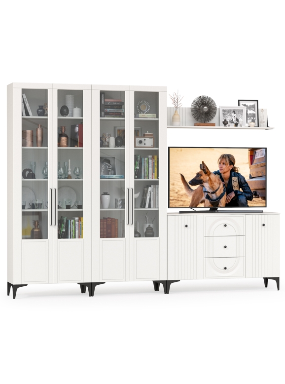 Валенсия Гостиная № 112, цвет ЛДСП белый шагрень/МДФ белый шагрень, ШхГхВ 301,4х38,4х225,2 см., универсальная сборка