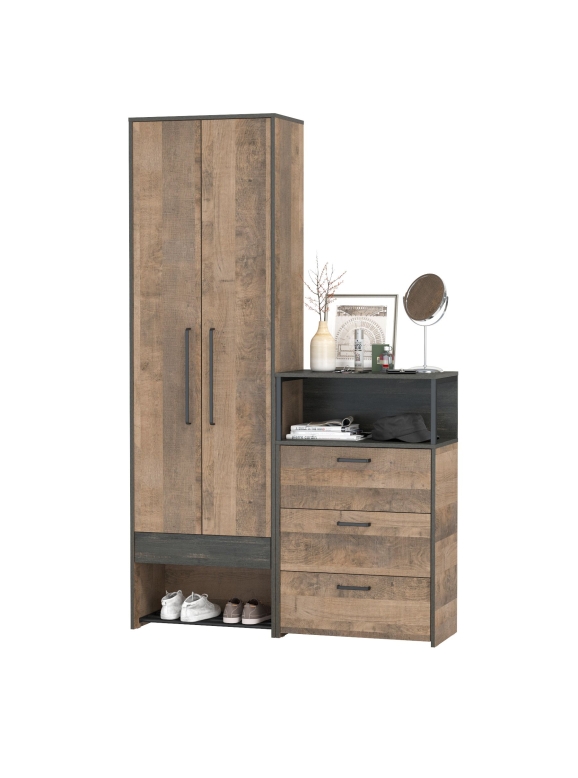 Трувор 13.328.02 Шкаф для одежды + 13.307.02 Комод с ящиками, цвет дуб гранж песочный/интра, ШхГхВ 129,2х37х210 см., универсальная сборка