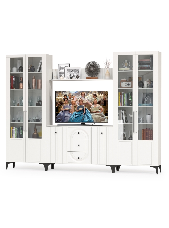 Валенсия Гостиная № 102, цвет ЛДСП белый шагрень/МДФ белый шагрень, ШхГхВ 301,4х38,4х225,2 см., ниша для ТВ 133х38х100 см.