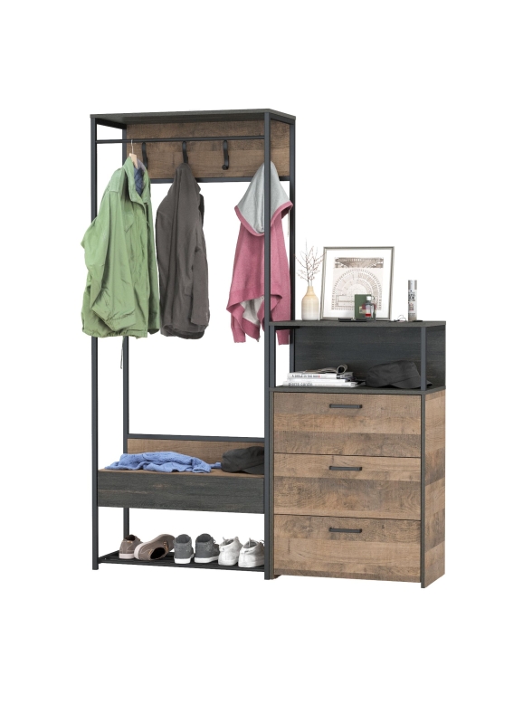 Трувор 15.120 Прихожая + 13.307.02 Комод с ящиками, цвет дуб гранж песочный/интра, ШхГхВ 146х37х194,2 см., универсальная сборка