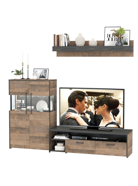КР100 Трувор 13.70 Тумба под ТВ + 13.306 Комод с витриной + 15.60 Полка, цвет дуб гранж песочный/интра, ШхГхВ 235,6х45,4х195 см., универс