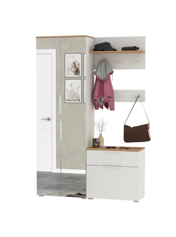 Октава Прихожая 12, цвет белый шагрень/дуб крафт золотой/фасады МДФ белый шагрень, ШхГхВ 129,3х35,4х197,6 см., универсальная сборка
