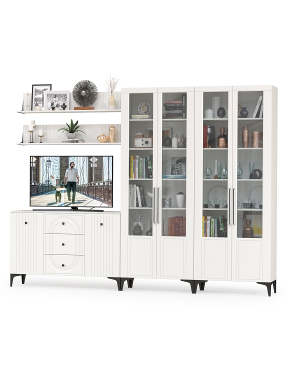 Валенсия Гостиная № 113, цвет ЛДСП белый шагрень/МДФ белый шагрень, ШхГхВ 301,4х38,4х225,2 см., универсальная сборка