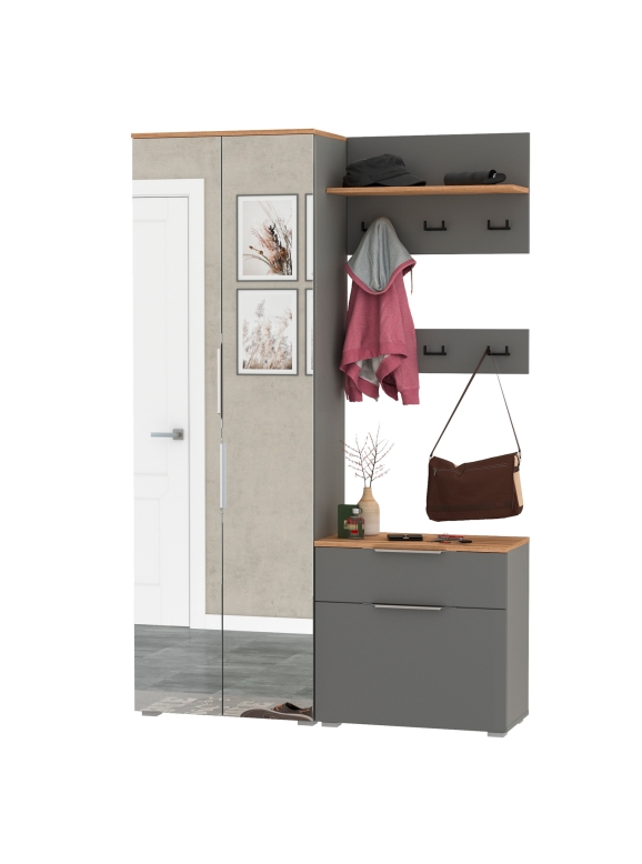 Октава Прихожая 12, цвет серый графит/дуб крафт золотой/фасады МДФ серый графит, ШхГхВ 129,3х35,4х197,6 см., универсальная сборка