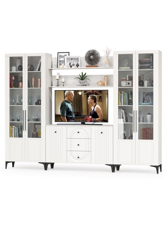 Валенсия Гостиная № 103, цвет ЛДСП белый шагрень/МДФ белый шагрень, ШхГхВ 301,4х38,4х225,2 см., ниша для ТВ 133х38х90 см.