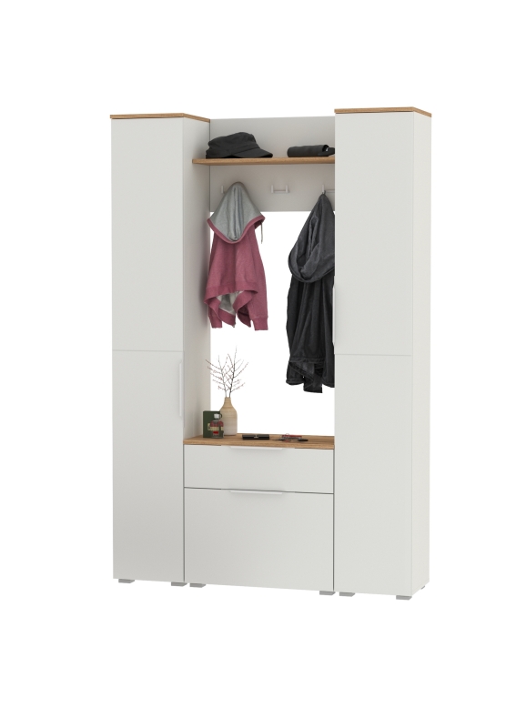 Октава Прихожая 18, цвет белый шагрень/дуб крафт золотой/фасады МДФ белый шагрень, ШхГхВ 129,3х35,4х197,6 см., универсальная сборка