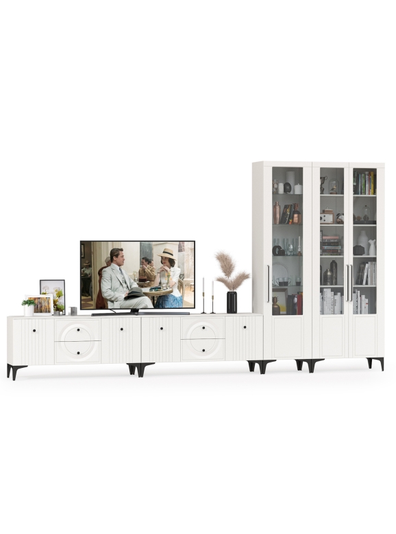 Валенсия Гостиная № 085, цвет ЛДСП белый шагрень/МДФ белый шагрень, ШхГхВ 405,3х38,3х225,2 см., универсальная сборка