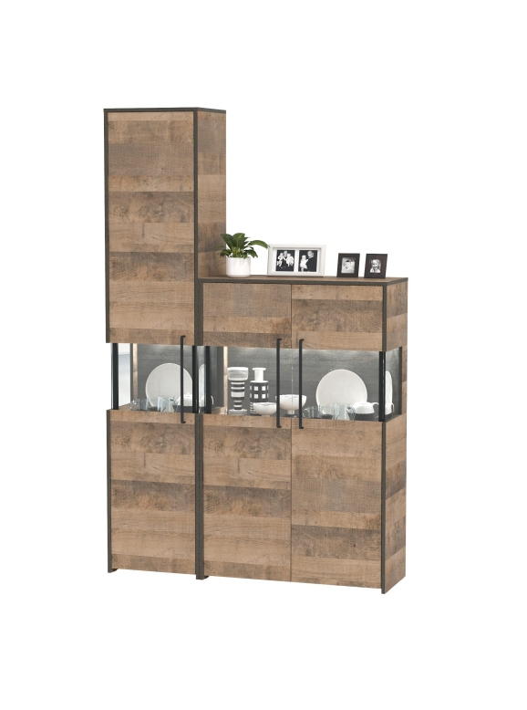 Трувор 13.205 Шкаф-пенал с витриной + 13.306 Комод с витриной, цвет дуб гранж песочный/интра, ШхГхВ 130,6х37х210 см., универсальная сборка