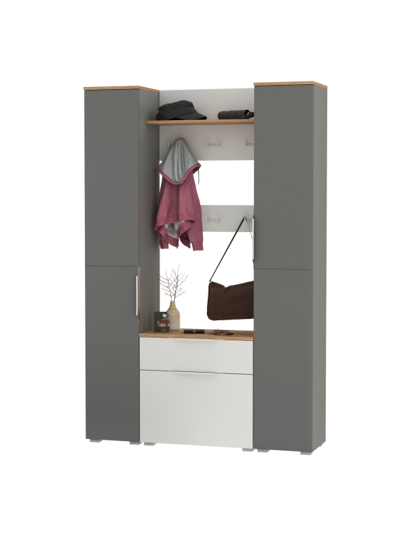 Октава Прихожая 51, цвет белый шагрень/серый графит/дуб крафт золотой/фасады МДФ белый шагрень/серый графит, ШхГхВ 129,3х35,4х197,6 см., ун. сб.