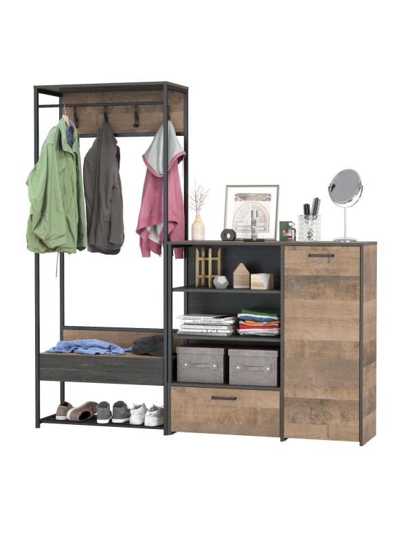 Трувор 15.120 Прихожая + 13.307.01 Комод, цвет дуб гранж песочный/интра, ШхГхВ 189х36,9х194,2 см., универсальная сборка