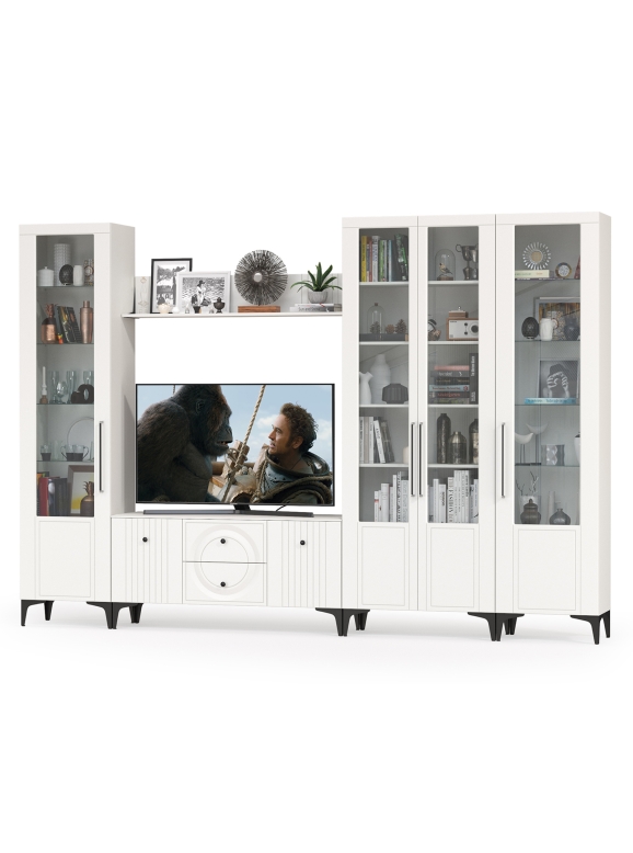 Валенсия Гостиная № 067, цвет ЛДСП белый шагрень/МДФ белый шагрень, ШхГхВ 327,2х38,3х225,2 см., ниша для ТВ 133х38х117 см., универсальная сборка